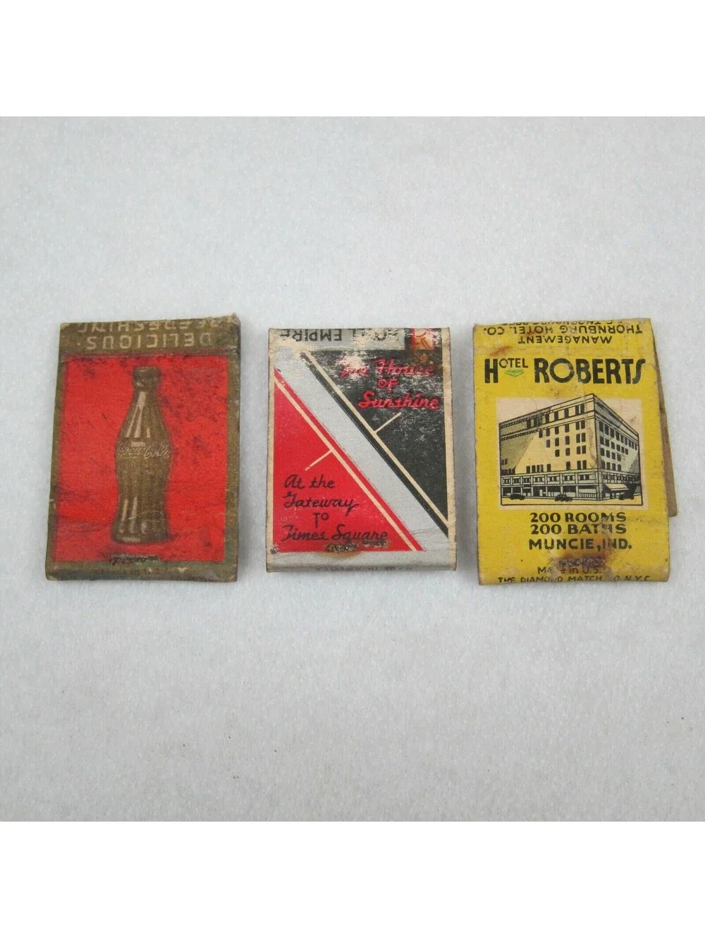 3 Vintage Matchbook Covers Drink Coca Cola, Hotel Empire New York, Hotel Roberts